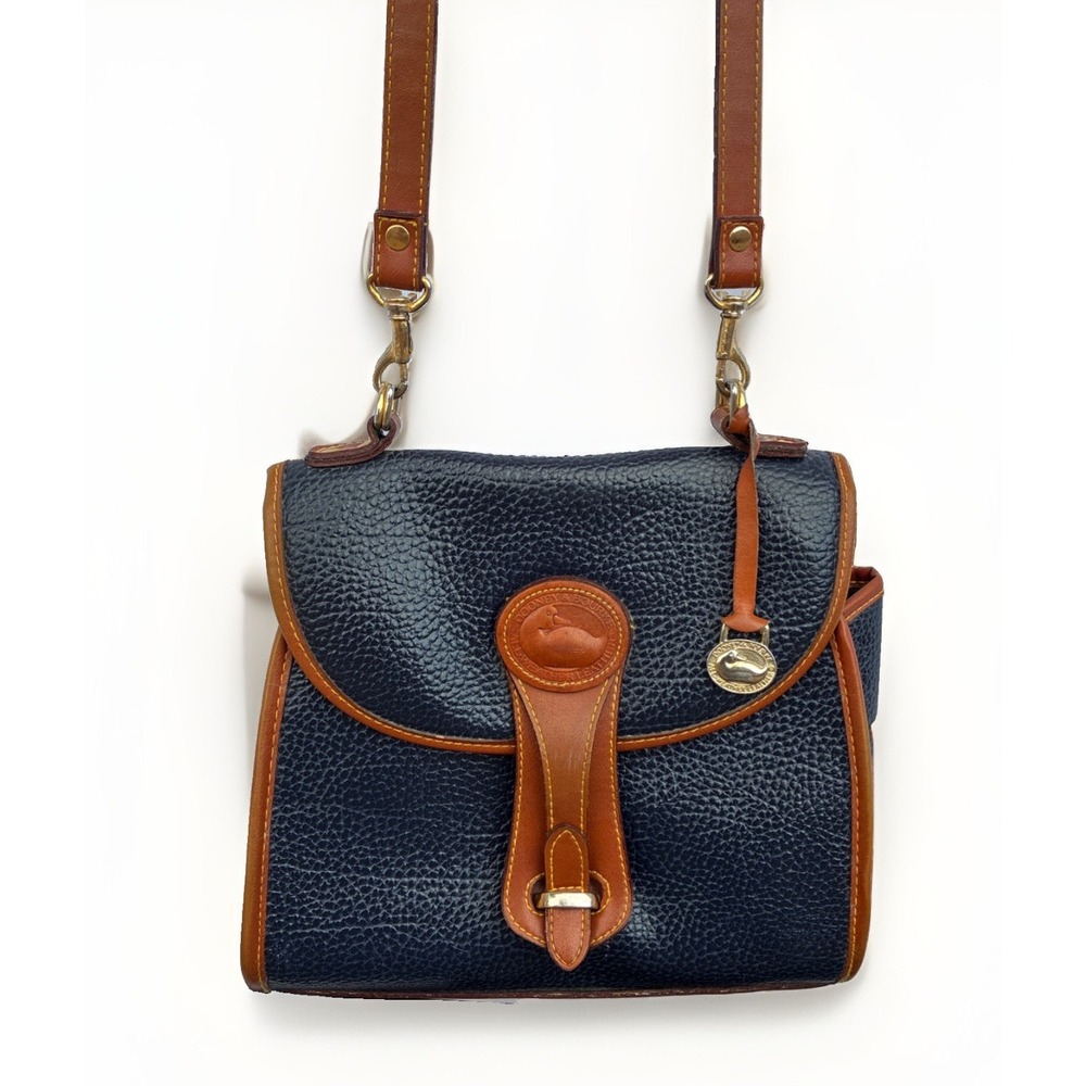 VNTG Dooney & Bourke All-Weather Leather Medium Essex Crossbody Navy/Tan Buckle